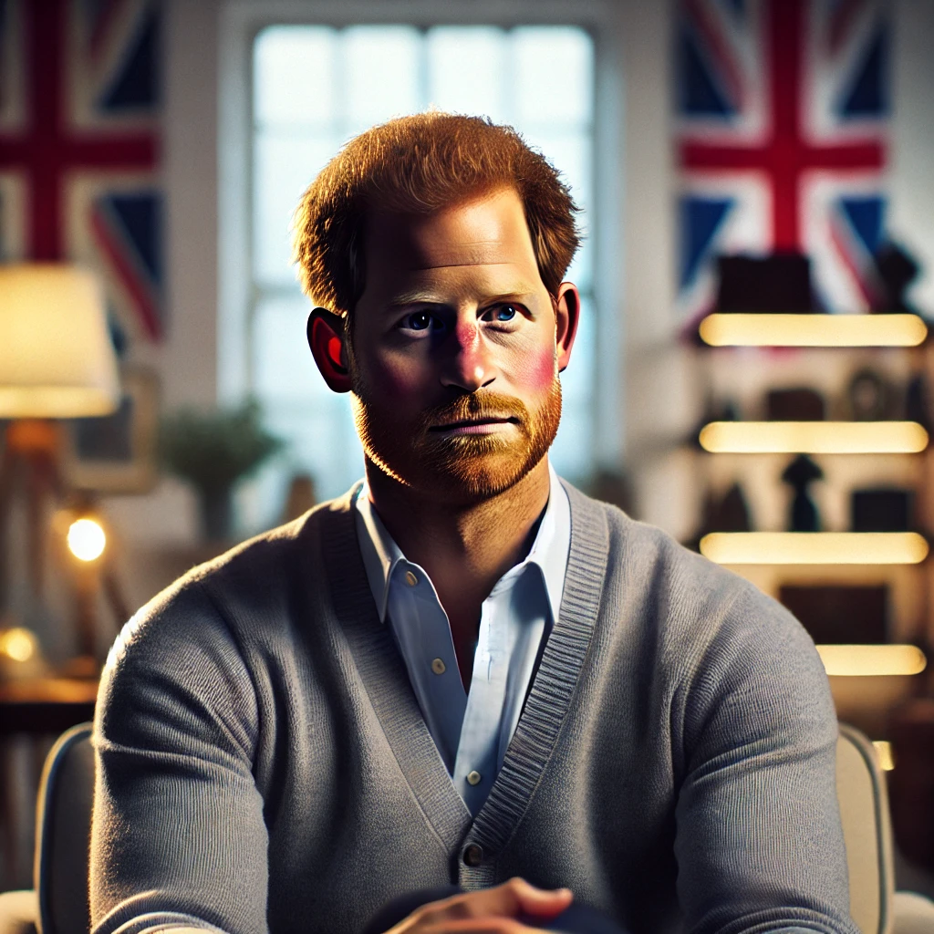 Prince Harry looking reflective during an interview about his life in the UK.