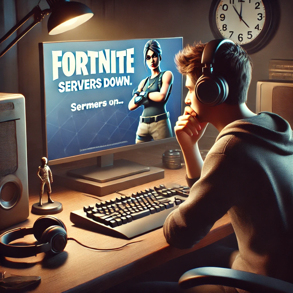 A frustrated gamer staring at a “When will Fortnite Servers be backup Down” message on their computer screen.